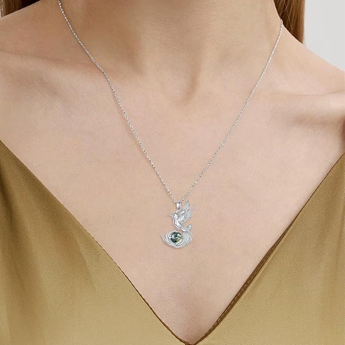 Hummingbird Necklace 925 Sterling Silver Dainty Natural Moss Agate Hummingbird Pendant Necklace Animal Jewelry Humming Bird Gifts for Women