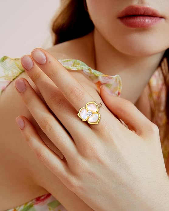 AIBAO Flower Gemstone Rings for Women Three Pental Turquoise/Malachite/Mother of Pearl Flower Ring with Cubic Zirconia Center Sterling Silver Statement Rings Size 6 to 10