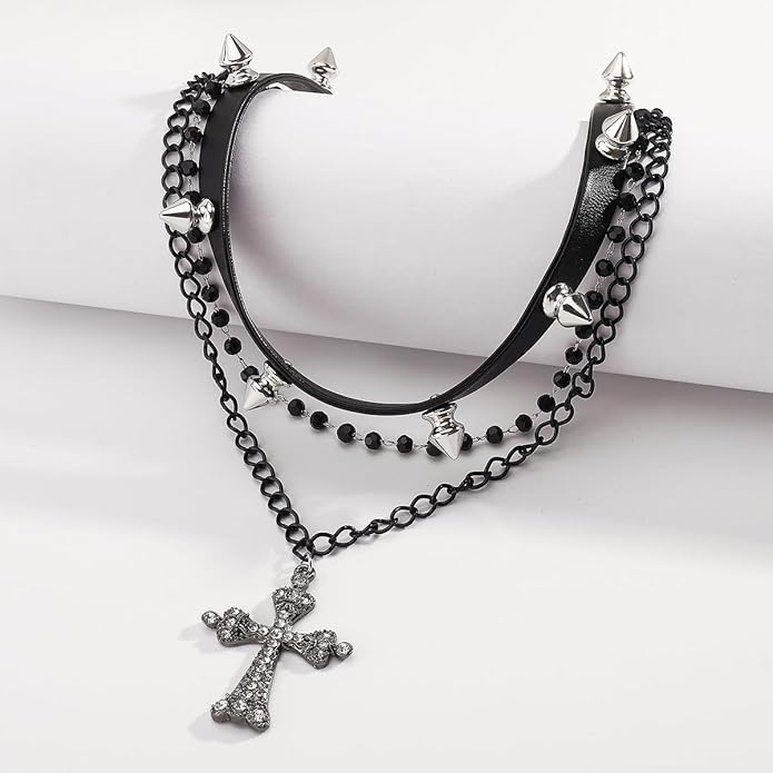 Gothic Layered Necklace for Women Men Punk Leather Spike Studded Choker Collar Necklace Vintage Crystal Cross Pendant Necklace Goth Black Crystal Choker Necklace Halloween Party Jewelry