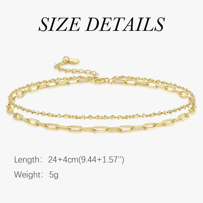 14K Gold Anklets for Women Gold Ankle Bracelets for Women Double-Layer Design Delicate Chain Stacked with Paperclip Link Anklets for Womens ankles bracelets