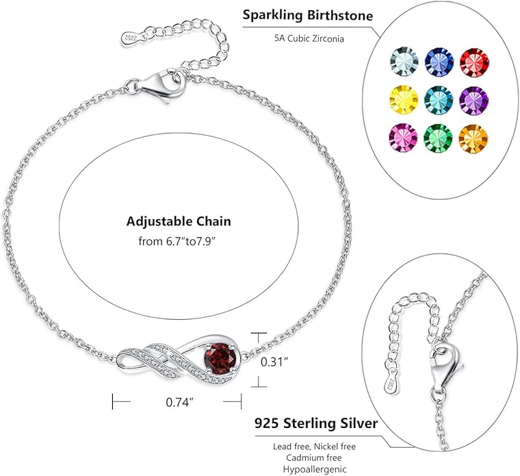 Birthstone Bracelets for Women 925 Sterling Silver Created Gemstone Bracelet Infinity Pendant Jewelry for Her, 6.7"+1.2"
