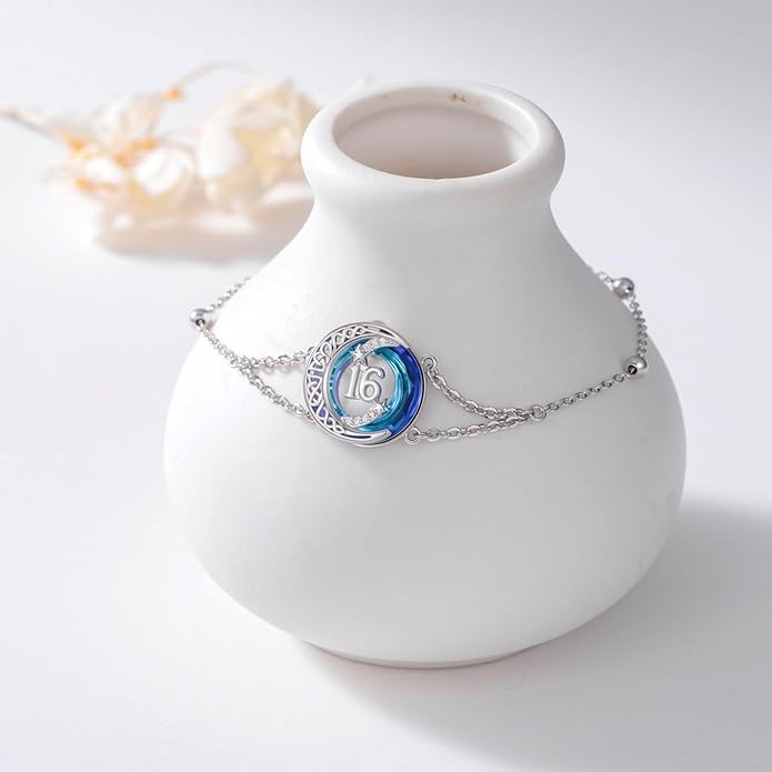 JUSTKIDSTOY Birthday Gifts Bracelet for Women Girls 925 Sterling Silver Celtic Moon Star Bracelets with Blue Crystal Pendant Jewelry for Sister Friends