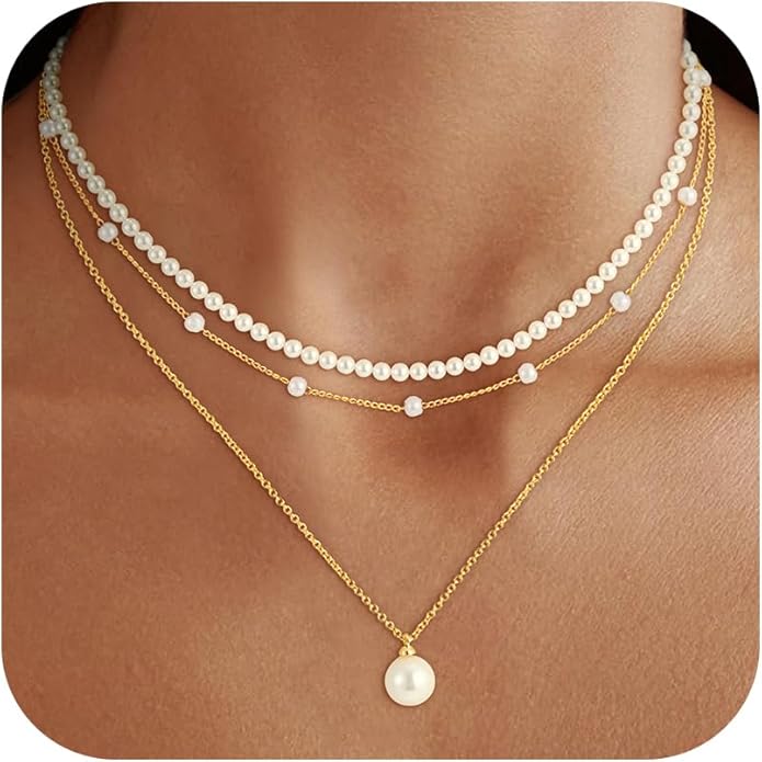 Pearl Necklaces for Women Trendy, 18K Gold/Silver Plated Layered Pearl Necklace Dainty Pearls Choker Necklace and Earring Set Simple Pearls Bracelets Wedding Prom Gold Jewelry for Women Gifts