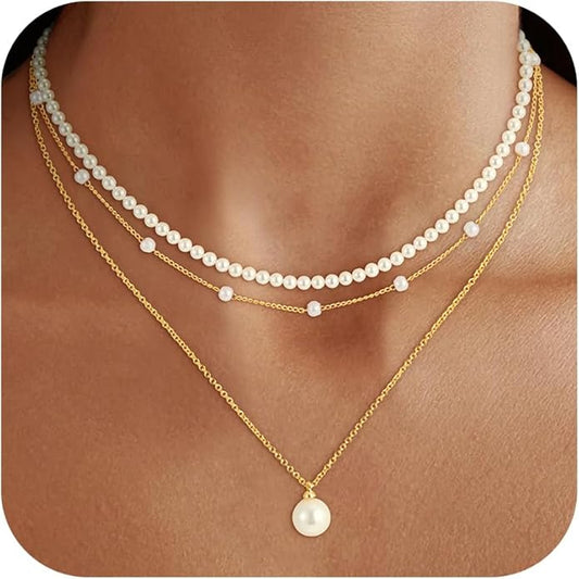 Pearl Necklaces for Women Trendy, 18K Gold/Silver Plated Layered Pearl Necklace Dainty Pearls Choker Necklace and Earring Set Simple Pearls Bracelets Wedding Prom Gold Jewelry for Women Gifts
