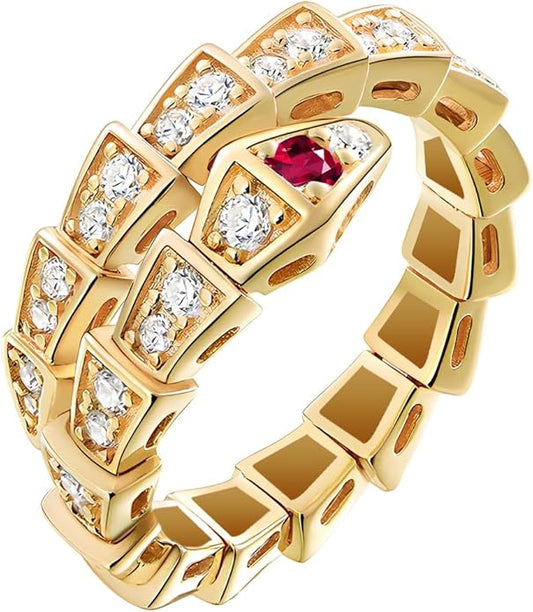 Aura & lrena Adjustable Snake Rings for Wome, 18K Gold or Platinum Plating Open-Ended Ring with AAA Cubic Zirconia Fashion Jewelry, Statement Gift Design Rings for Men and Women Non Tarnish