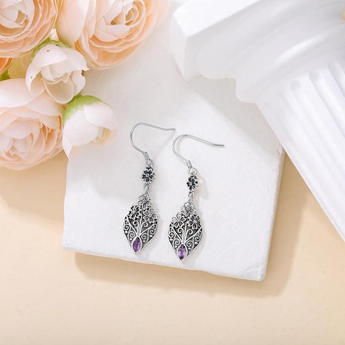Vintage Floral Filigree Marquise Cut Gemstone Drop Earrings, 925 Sterling Silver Antique Dangle Earrings, Boho Jewelry Gift for Women