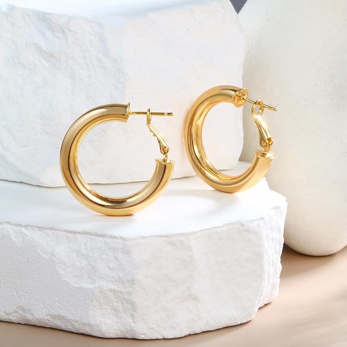 8YEARS Chunky Gold Hoop Earring for Women, 18K Gold Plated Lightweight Thick Hoops, Hypoallergenic Trendy Jewelry for Gift