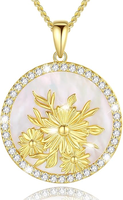 AGVANA Valentines Day Gifts Sterling Silver Birth Flower Necklace for Women Genuine Mother of Pearl CZ Round Disc Pendant Necklace Fine Jewelry Anniversary Birthday Gifts for Women Wife Mom Her