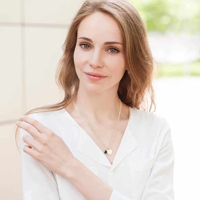 Hidepoo Initial Birthstone Necklace for Girl Women - 14K Gold Plated Disc Letter Necklace Personalized Gifts Jewelry Birthstone Initial Necklaces Birthday Gift for Female Teens Mom