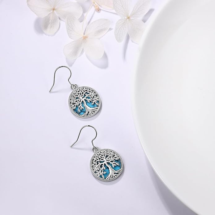 Tree of life Dangle Earrings Sterling Silver Moonstone/Turquoise/Malachite Earrings for Women Filigree Leverback Earrings Jewelry Gifts