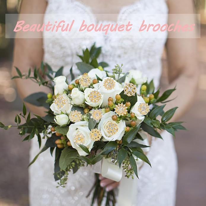 Assorted Small Size Crystal Rhinestone Flower Brooch Pins Set for Crafts Embellishment, Wedding Bouquet Brooches for Women Fashion