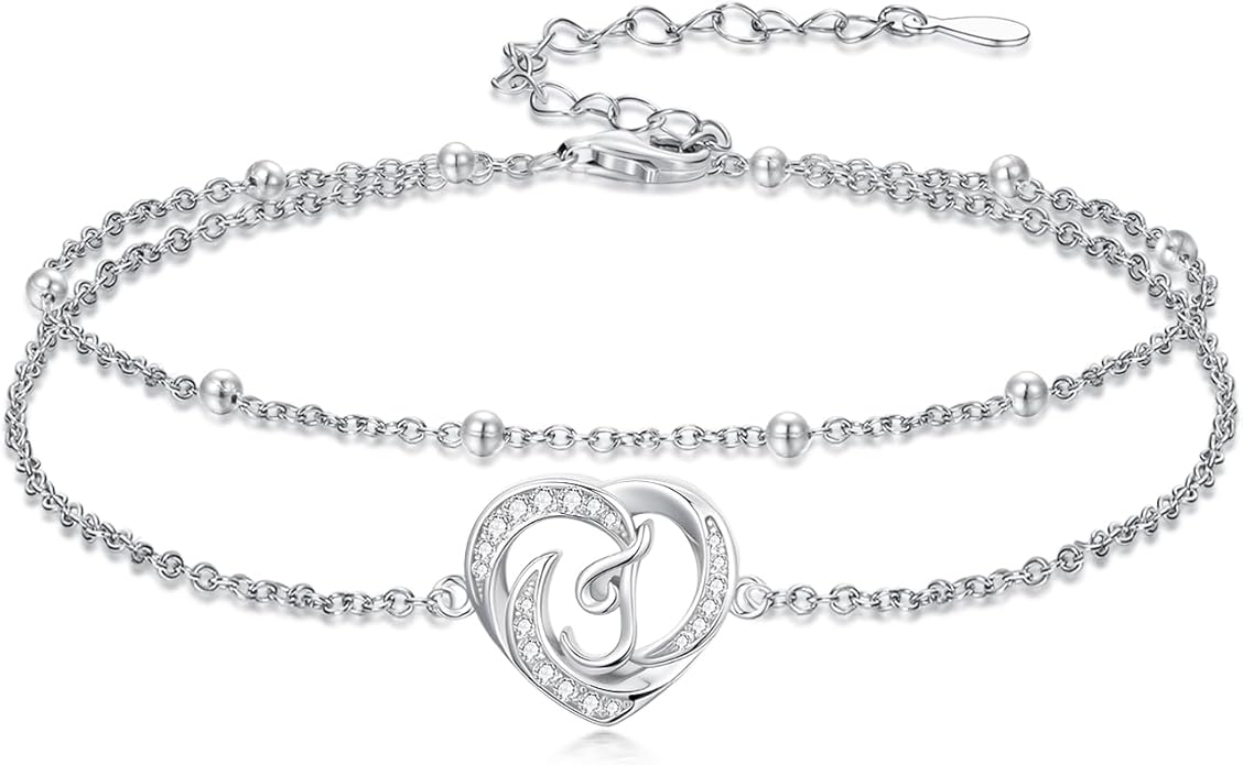 Dorunmo Initial Anklet 925 Sterling Silver Letter A-Z Layered Heart Anklet Beach Jewelry Birthday Gifts for Women