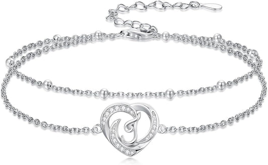 Dorunmo Initial Anklet 925 Sterling Silver Letter A-Z Layered Heart Anklet Beach Jewelry Birthday Gifts for Women