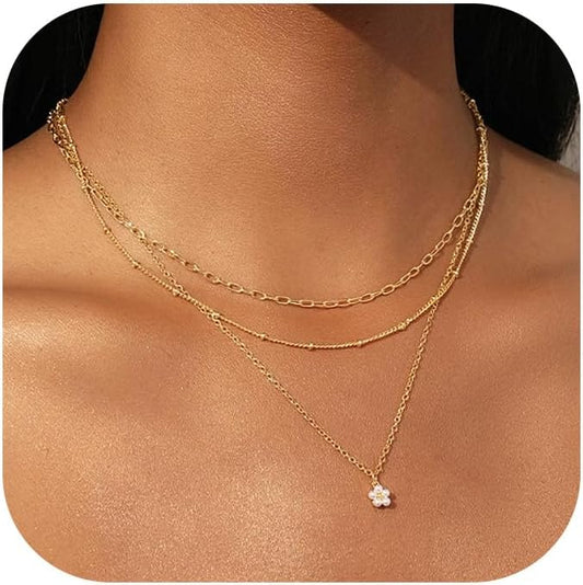 Layered Necklace for Women 14K Gold Plated Dainty Paperclip Herringbone Pearl Cross Pendant Necklace Stack，Layering Chain Cuban Figaro Rope Chain Choker Trendy Gold Jewelry Gift