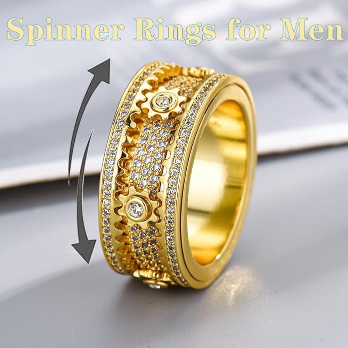BEIBEINOYA Men's Spinner Ring for Anxiety - 14K Gold Plated Rotating Gear Ring with Moissanite, Kinetic Mechanical Jewelry, Stress Relief Fidget Ring for Men, Unique Gifts for Him