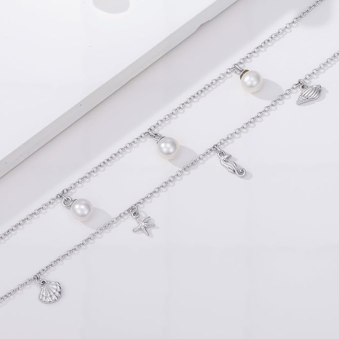 Genuine Pearl Anklets for Women 925 Sterling Silver Adjustable Layered Pearl Ankle Bracelets Foot Jewelry for Summer Beach