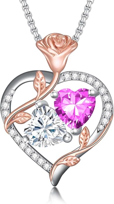 Christmas Gifts for Women Rose Heart Birthstone Pendant Necklace I Love You Forever Jewelry Valentine Mothers Day Birthday Gifts for Women Her Wife Girlfriend