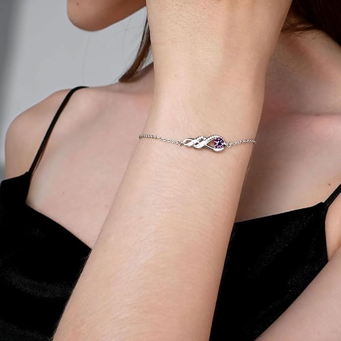 Birthstone Bracelets for Women 925 Sterling Silver Created Gemstone Bracelet Infinity Pendant Jewelry for Her, 6.7"+1.2"