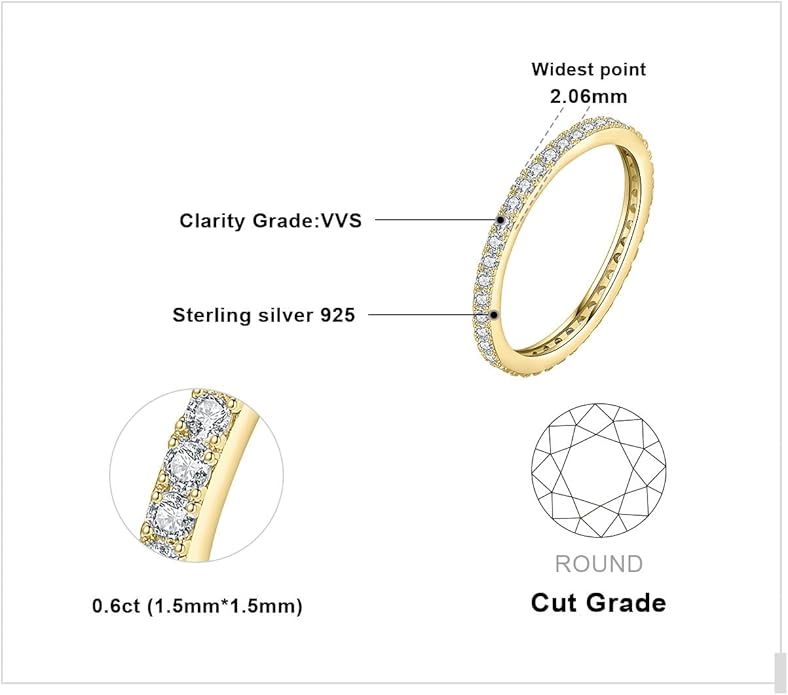 JewelryPalace 6 Stone Cubic Zirconia Half Eternity Stackable Wedding Rings for Women, 14K White Yellow Rose Gold Plated 925 Sterling Silver Promise Rings for Her, Simulated Diamond Wedding Band Ring