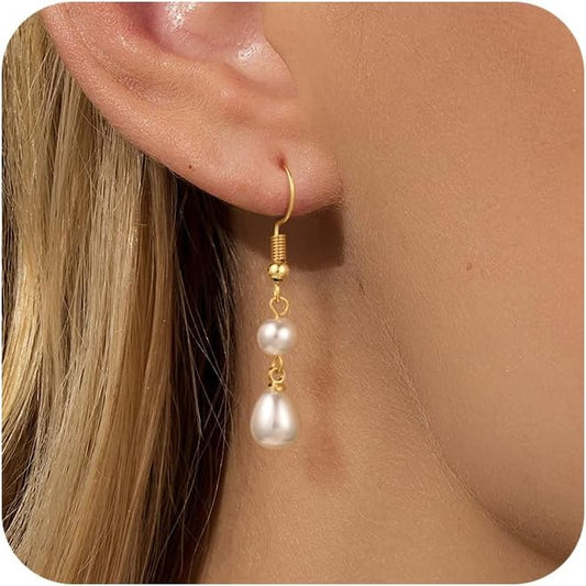 14K Gold Plated Pearl Dangle Earrings for Women, Small Pearl Drop Huggie Hoop Earrings, Hypoallergenic Dainty Gold Wedding Earrings Jewelry Gifts for Women Trendy