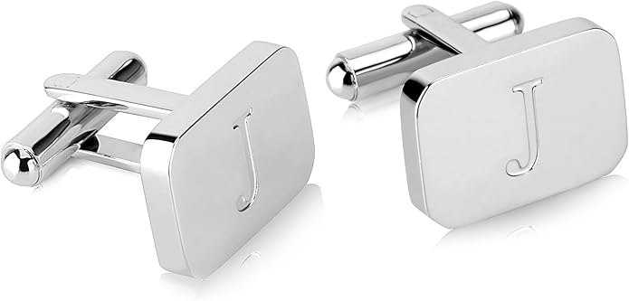 18K White-Gold Plated Initial Engraved Stainless Steel Men’s Cufflinks With Gift Box -Personalized Alphabet Letter’s A-Z By Lux & Pair