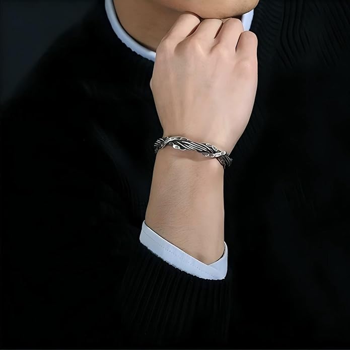 Kim Carrey S925 Sterling Silver Bracelet, Open Bangle Cuff Design, Men's Stacked Bracelets Gift Jewelry for My Man