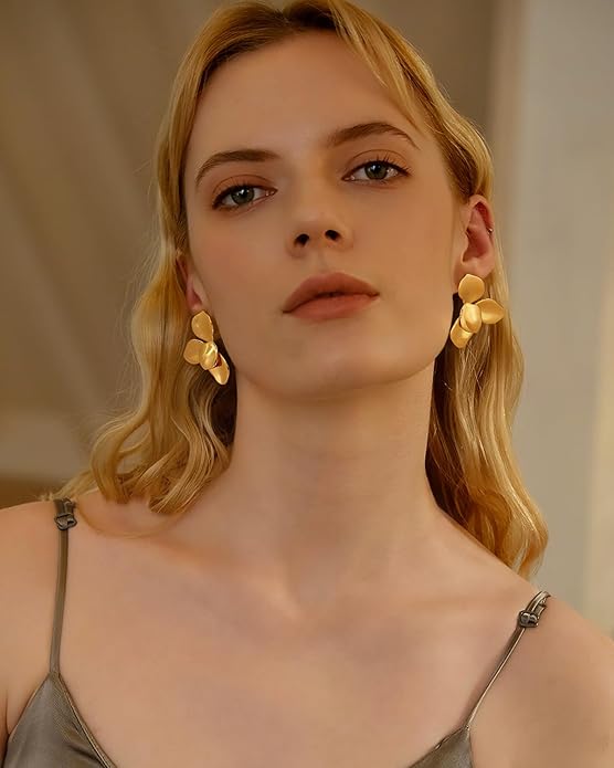 Chunky Gold Statement Earrings For Women Gold Plated Sectored Flower Leaf Shell Angel Wing Earrings Large Stud Earrings Hypoallergenic Earrings