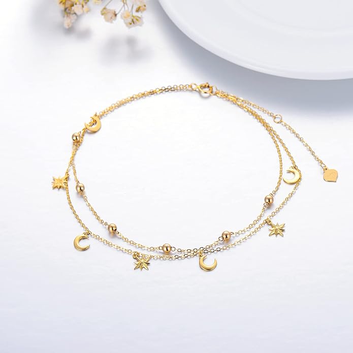 SISGEM 14K Yellow Gold Star Moon Anklet for Women,Real Gold Beads Station Anklet Bracelet Tassel Double Foot Link Beach Anklets Fine Jewelry Birthday Gifts for Her 8”+2”