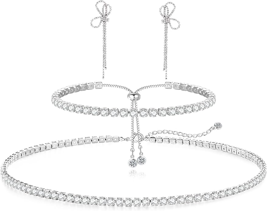 Tennis Necklace Bracelet for Women, Sterling Sliver, Dainty Chocker Necklace, Crystal Bracelet for Women, Wedding Jewelry for Bride, Sparkly Party Prom Hypoallergenic
