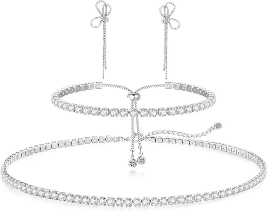 Tennis Necklace Bracelet for Women, Sterling Sliver, Dainty Chocker Necklace, Crystal Bracelet for Women, Wedding Jewelry for Bride, Sparkly Party Prom Hypoallergenic