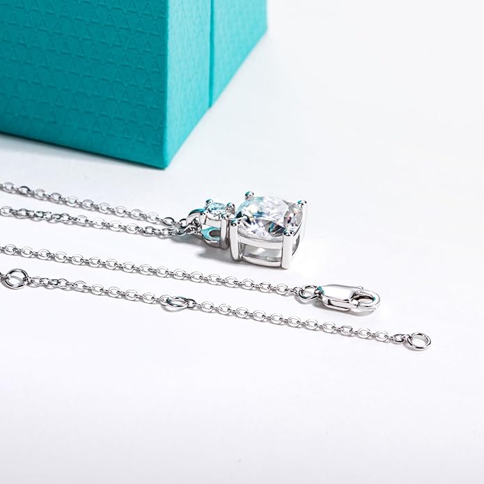 AnuClub Cushion Cut Moissanite Pendant Necklace D Color VVS1 925 Sterling Silver Refined Daily Necklace for Women with Certificate, 40+2+3cm Adjustable Chain