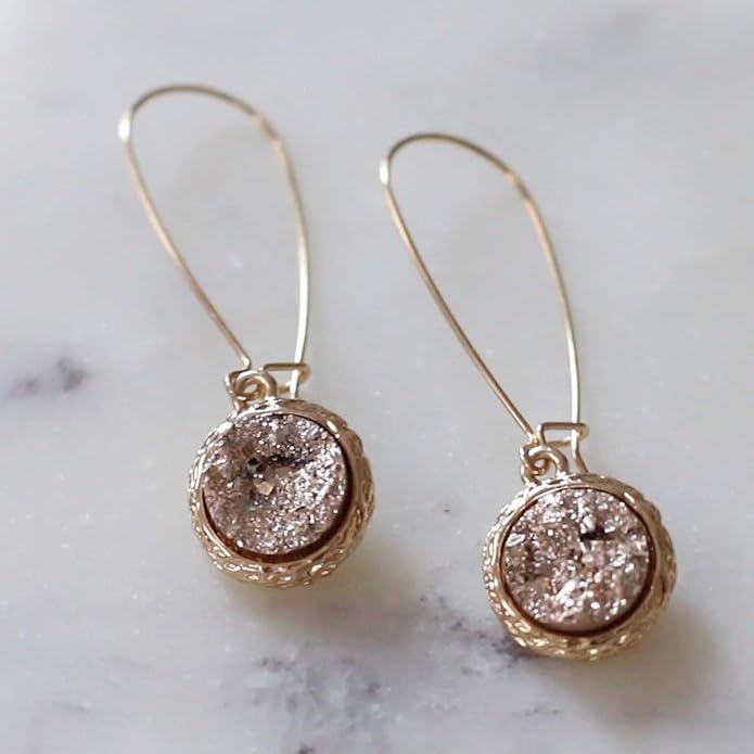 Simulated Druzy Threader Drop Earrings for Women - Gold, Silver, or Rose Gold Tone Trendy Boho Dangles with Sparkly Round Stone
