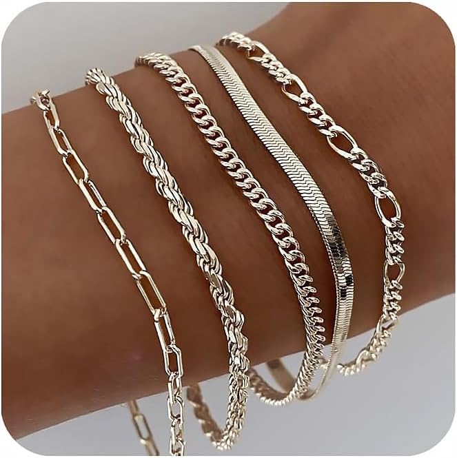 DEARMAY 14K Gold Plated Bracelets for Women Waterproof, Jewelry Sets Trendy Thin Dainty Stackable Cuban Link Paperclip Chain Bracelet Pack Fashion Accessories Gifts for Womens