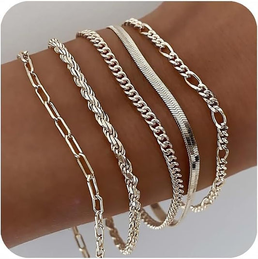 DEARMAY 14K Gold Plated Bracelets for Women Waterproof, Jewelry Sets Trendy Thin Dainty Stackable Cuban Link Paperclip Chain Bracelet Pack Fashion Accessories Gifts for Womens
