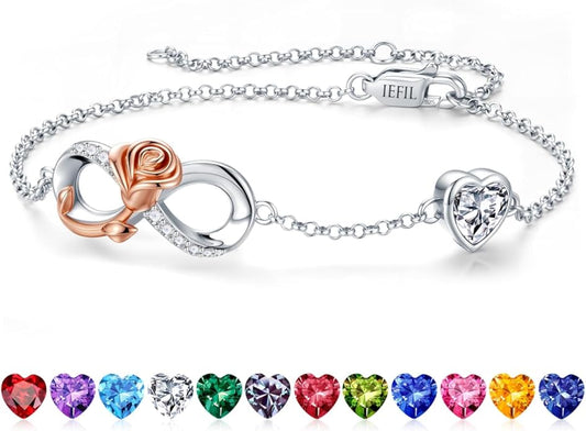Iefil Infinite Rose Birthstone Bracelet for Women, 925 Sterling Silver Charm Link Birthstone Bracelet, Anniversary Birthday Gifts for Women, Mothers Day Valentines Christmas Gifts for Wife Girlfriend