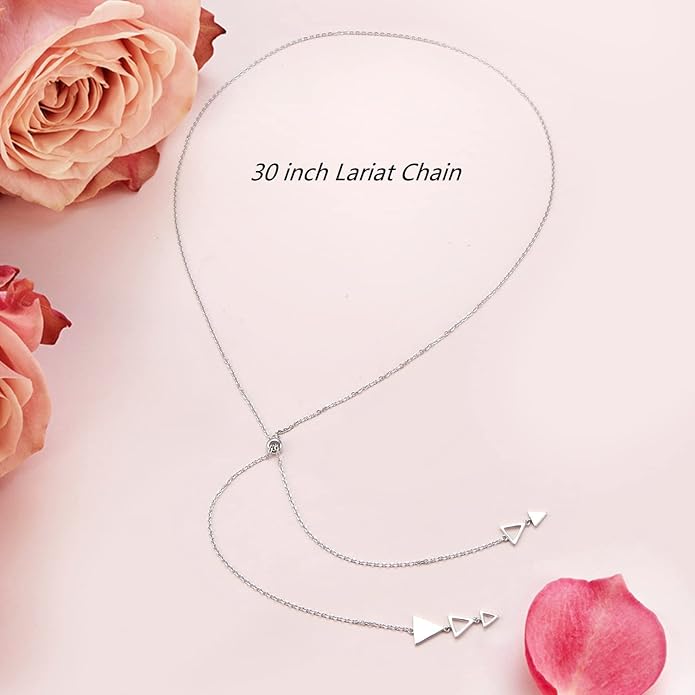 FLYOW Long Chain Dainty Lariat Necklace Simple Style 925 Sterling Silver Heart Pendant Adjustable Y Shaped Necklace Jewelry