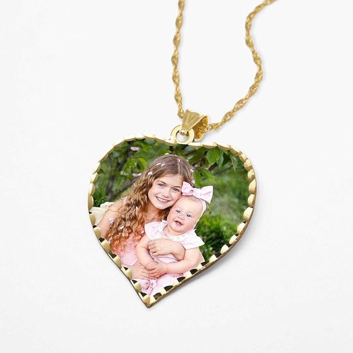 PicturesOnGold.com Personalized Photo Engraved Heart Shaped Picture Necklace with Diamond Cut Edge in Silver, Gold, White Gold or Rose Gold - 1 Inch x 1 Inch