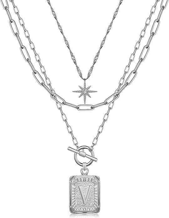 MJartoria Layered Initial Necklaces for Women Trendy, 14K Gold Plated Brass Simple Star Choker Square Letter Pendant Necklace, Paperclip Chain Necklaces Jewelry Gifts