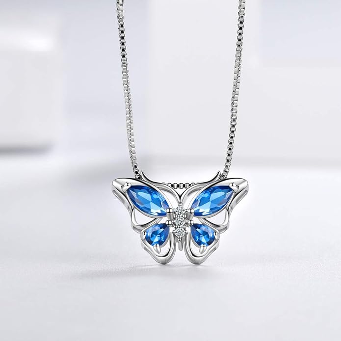 Aurora Tears Butterfly Birthstone Pendant Necklace - Women 925 Sterling Silver Butterflies Birthstone Pendant Necklace Jewelry Birthday Gift for Women