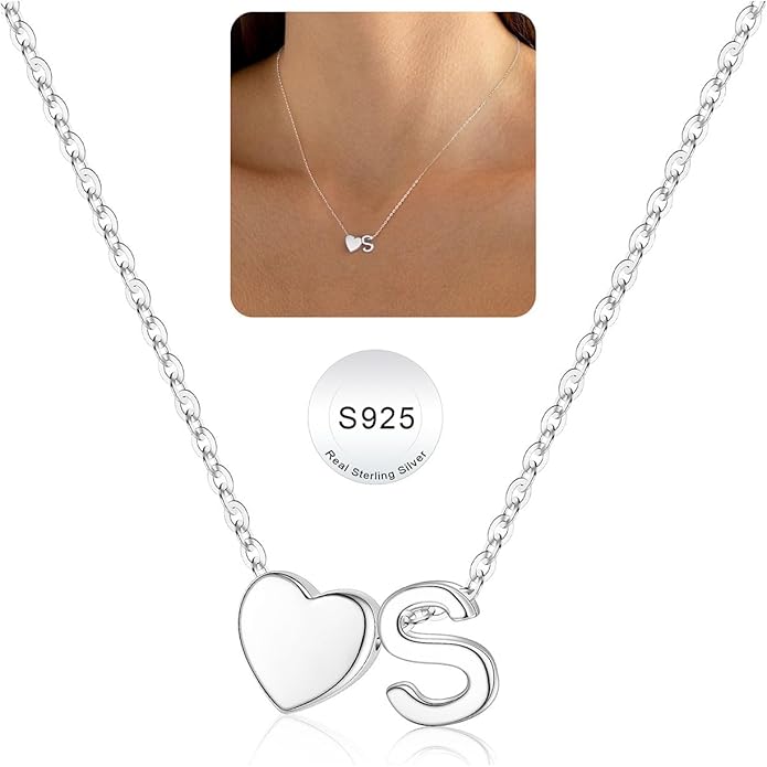 Turandoss Christmas Gifts for Grandkids, Dainty S925 Sterling Silver Heart Initial A-Z Necklace Trendy Silver Initial Jewelry Birthday Gifts for Girls Teen Girls
