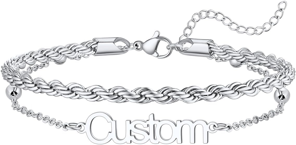 U7 Custom Layered Ankle Bracelets for Women Stainless Steel Bead/Cuban/Figaro/Rope/Wheat Chain Anklet Waterproof Anklet Jewelry for Beach Vacation
