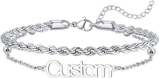U7 Custom Layered Ankle Bracelets for Women Stainless Steel Bead/Cuban/Figaro/Rope/Wheat Chain Anklet Waterproof Anklet Jewelry for Beach Vacation