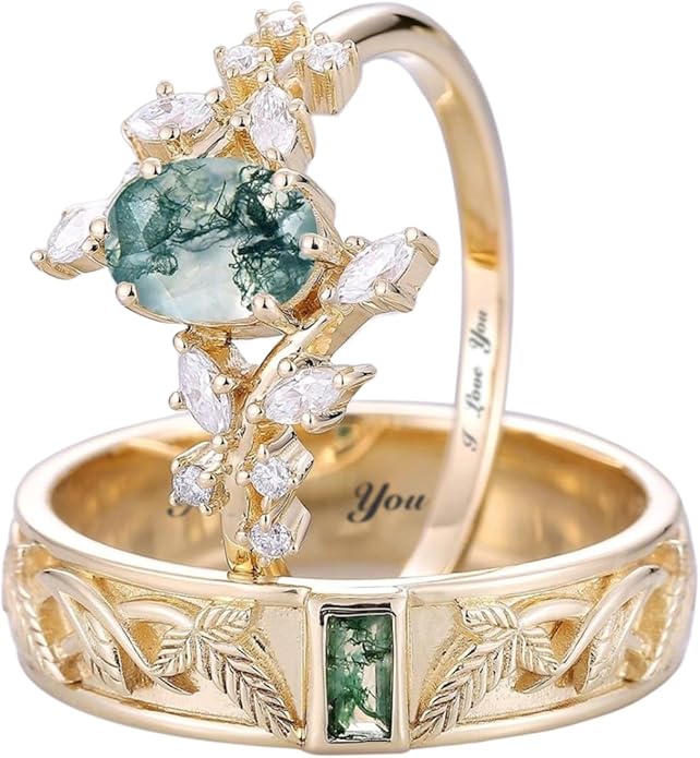 Moss Agate Promise Rings for Couples, 925 Sterling Silver/10K 14K 18K Solid Gold Natural Moss Agate Wedding Rings for Him And Her, Vintage Leaf Matching Couple Rings Anniversary Jewelry Gift
