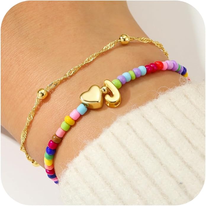 Ursteel Colorful Initial Heart Bracelets for Women - 14K Gold Plated Beaded Letter A-Z Bracelet, Layered Stretch Initial Bracelets, Women Trendy Bohemian Jewelry Birthday Gifts