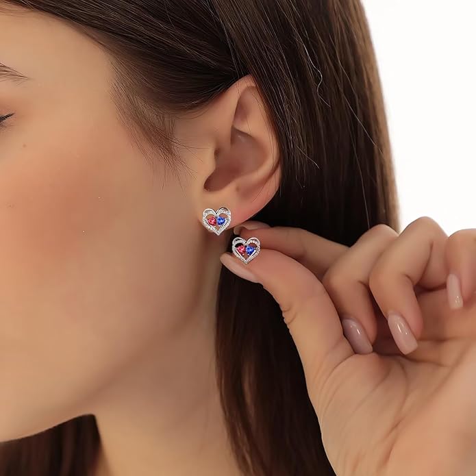 Iefil Birthstone Earrings for Women - 925 Sterling Silver Heart Earrings Anniversary Birthday Gifts for Women Wife Girlfriend Mom