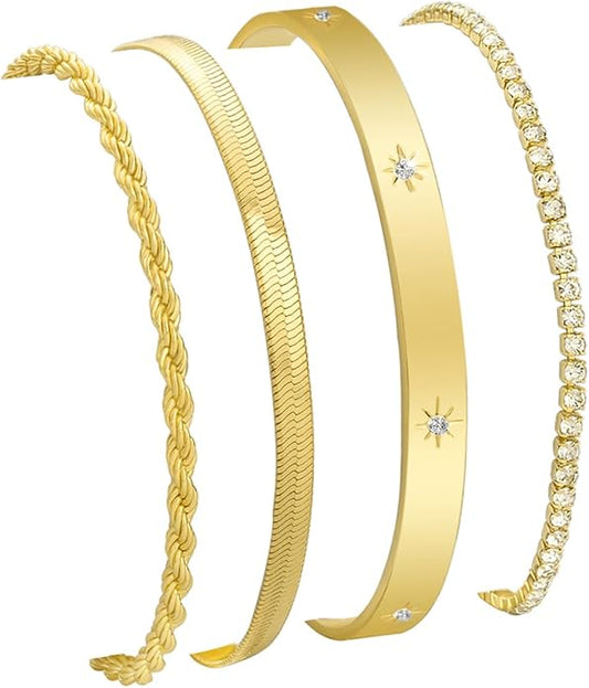 Gold Bracelets for Women 14K Gold Plated Stack Trend Bracelets Charm Paperclip Chain Cuban Link Layered Waterproof Bracelet Dainty Bracelet for Women Jewelry Gifts