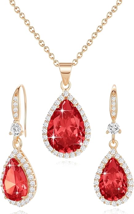 Sumonyo Women Jewelry Set Silver/Gold Plated Teardrop Pendant Necklace Dangle Drop Earrings Dangling Sets Birthstone Crystals Rhinestone,Birthday Anniversary Wedding Mother’s Day Gifts for Women