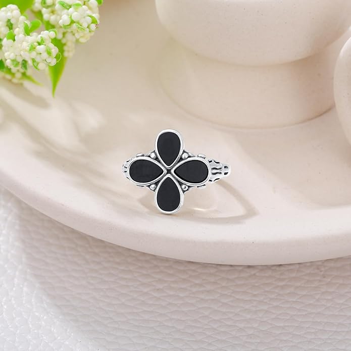 925 Sterling Silver Vintage Oxidized Style Black Onyx Adjustable Ring Casual Jewelry Gifts for Women