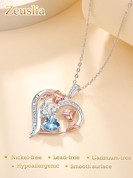 Zeuslia Double Birthstone Necklace Gifts for Wife - 925 Sterling Silver Sunflower/Rose/Crown Cross/Compass/Heart Pendant I Love You Necklace, Anniversary Birthday Gifts for Wife Girlfriend Mom Her