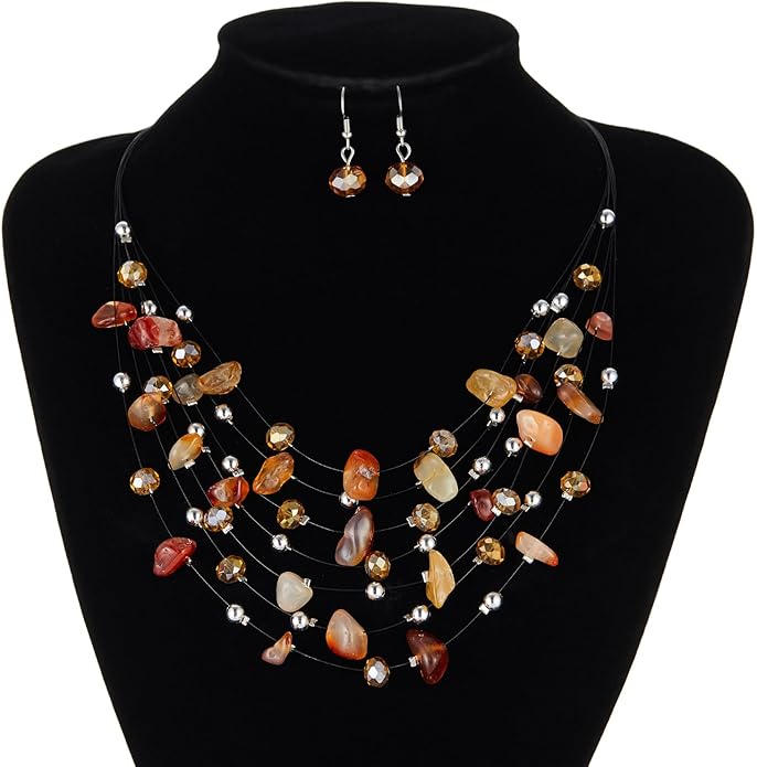 Multi-Layer Boho Shell Beaded Necklace for Women Colorful Crystal Strand with Silver Beads Statement Collars Necklace and Earrings Costumes Jewelry Sets for Women
